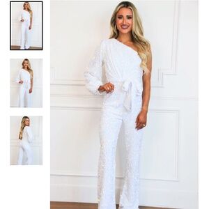 White Sequin Jumpsuit - one shoulder